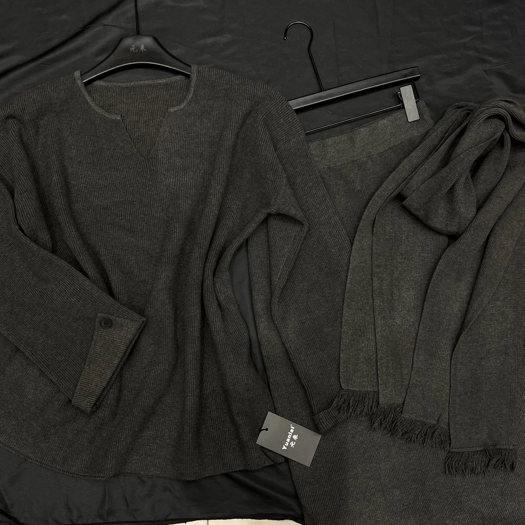 时尚韩系氛围感围巾针织厚面料设计感慵懒氛围感半裙百搭套装