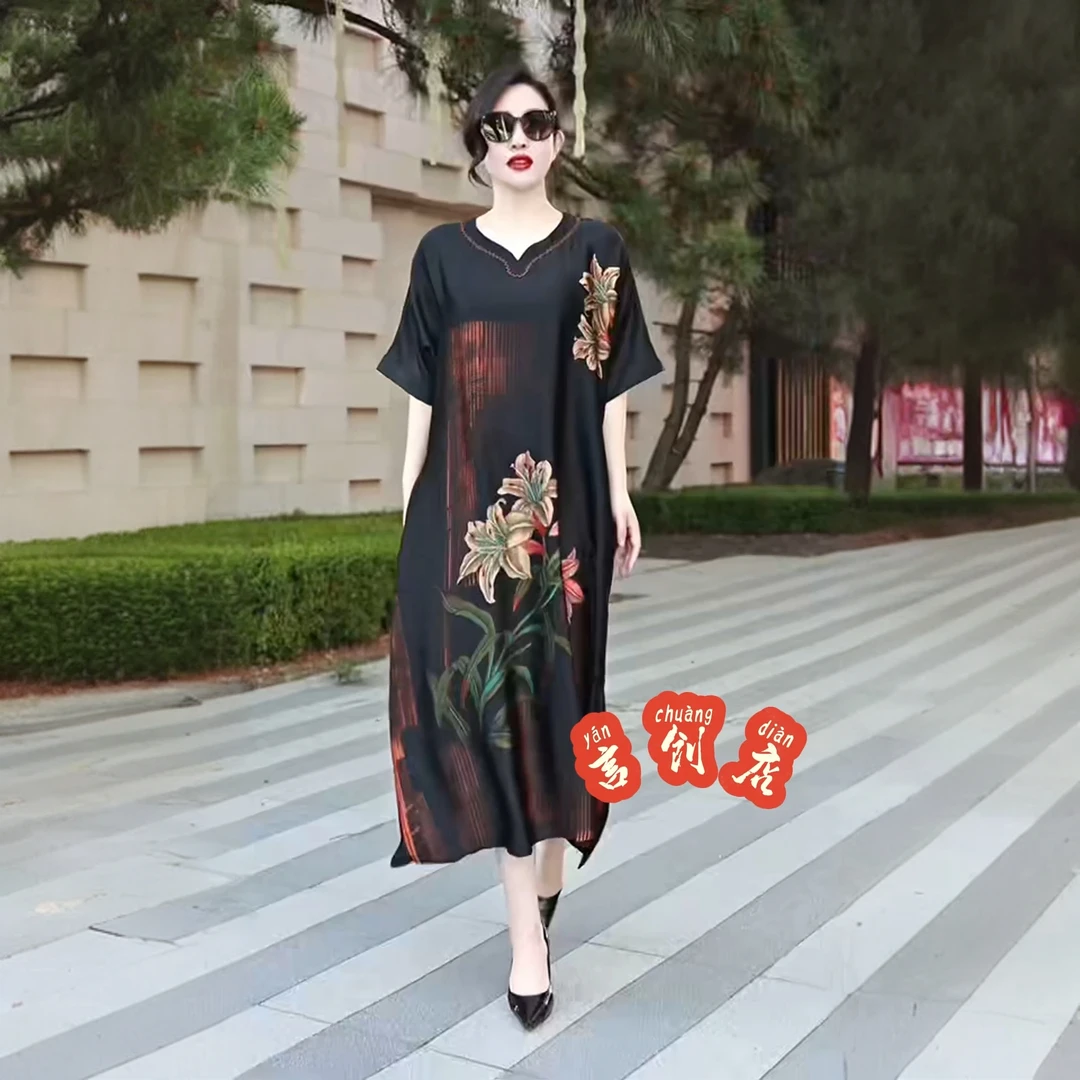 623短袖夏季时尚复古大码连衣裙女装宽松气质减龄印花