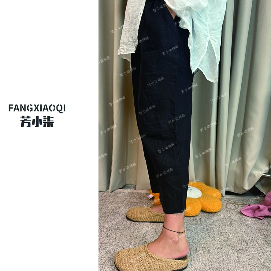 夏季新款砂洗纯亚麻帅气休闲弯刀裤时尚