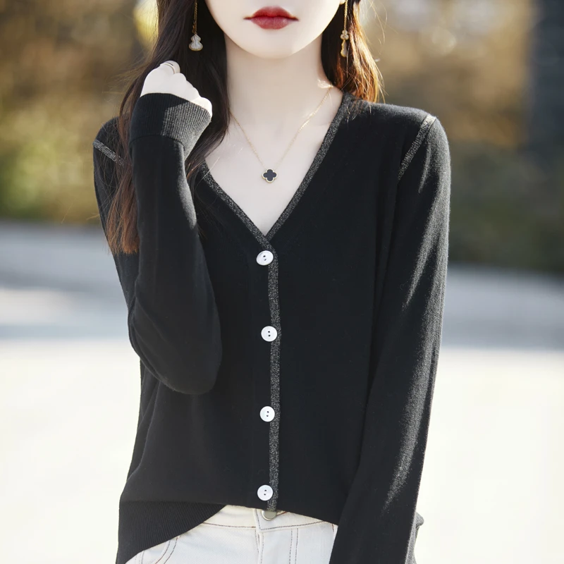 【扬子纱】V领金银丝开衫女100%羊毛衫女外套60支精纺打底RMS-J160