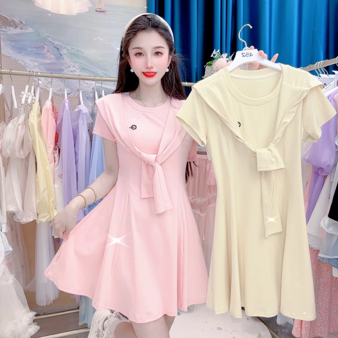 甜美减龄学院风披肩连衣裙夏季新款短裤修身显瘦包臀裙女