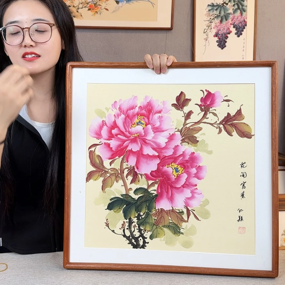 国画纯手绘，纯手写带框尺寸：53×53厘米