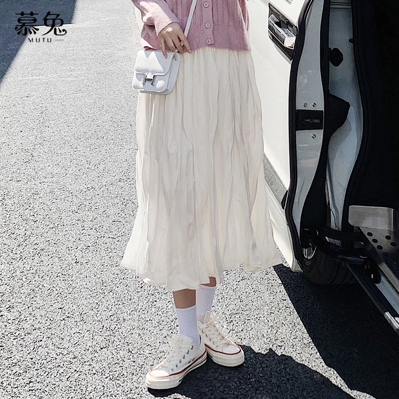 慕兔白色中长款百褶半身裙森女2025春季新款高腰小个子褶皱a字裙