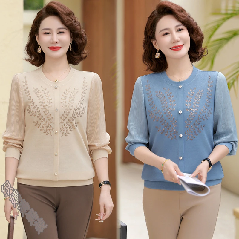 妈妈春装薄款纱袖T恤打底衫2025新款中老年女装宽松时尚气质上衣