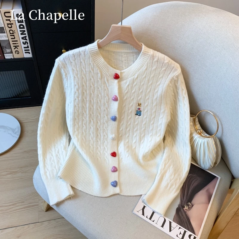 拉夏贝尔韩系针织毛衣开衫女秋冬季爱心刺绣麻花长袖气质百搭上衣