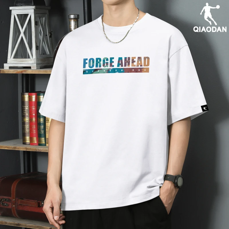 乔丹烫印透气速干男宽松印花白色圆领运动T恤休闲百搭t恤运动男装