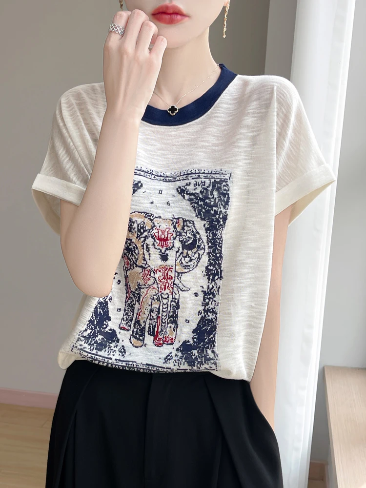 休闲夏季宽松型凉感竹节棉女T恤夏装大码常规圆领圆领显瘦洋气1