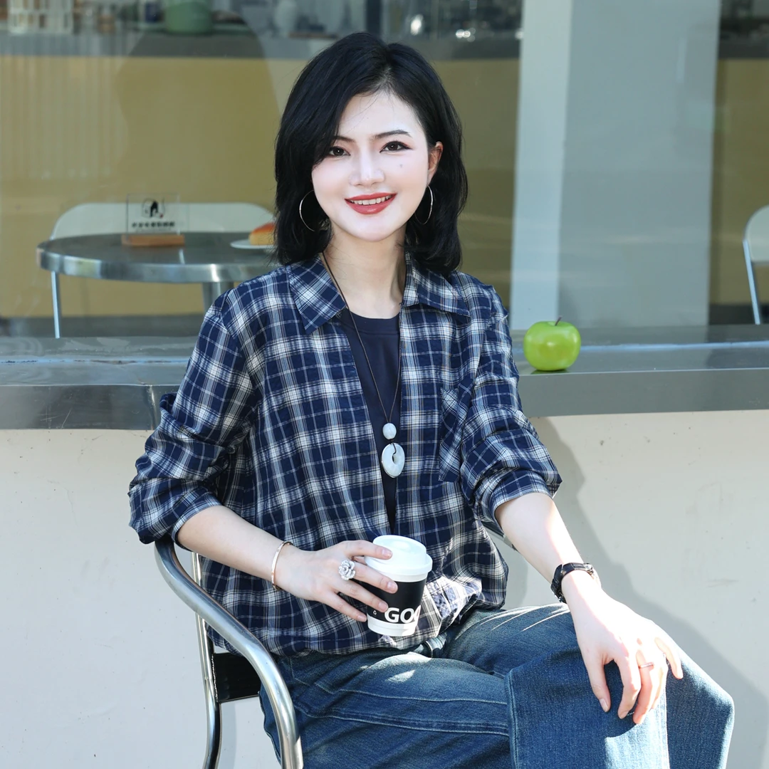 【假两件衬衫】阿楠anan翻领格纹衬衫拼接背心假两件层次感出游外套