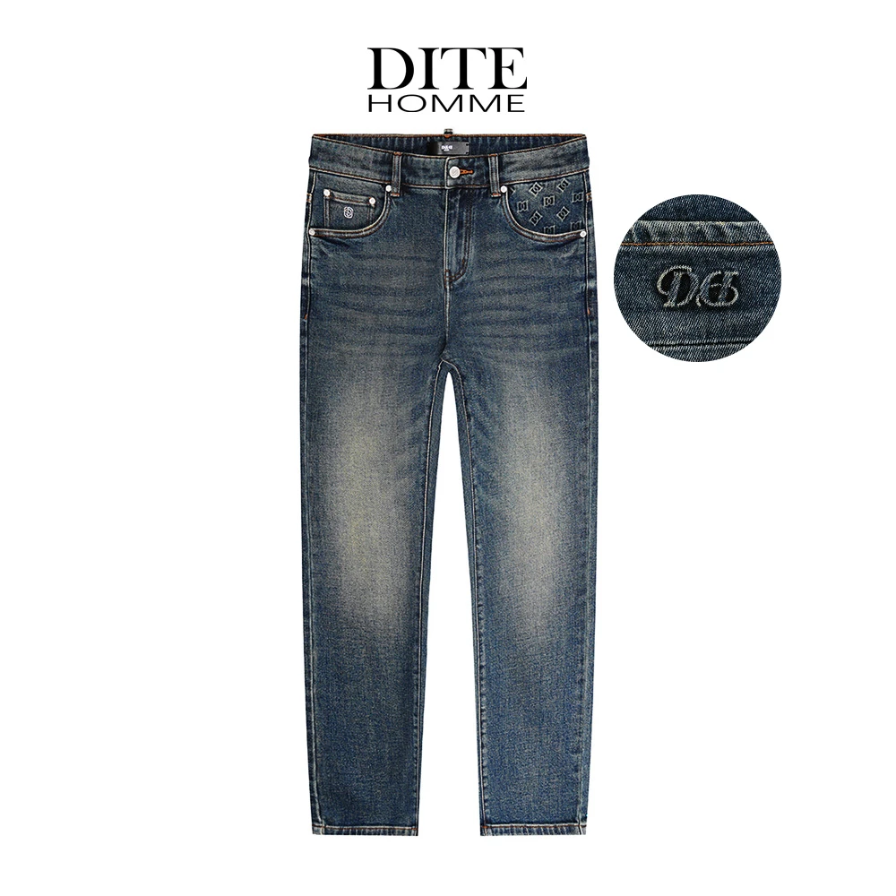 Dite迪特秋季中腰休闲风欧版宽松男牛仔裤水洗牛仔裤印花时尚长裤