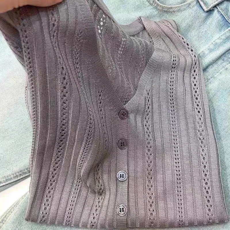 【竖坑条镂空长袖】新款韩版针织衫C202