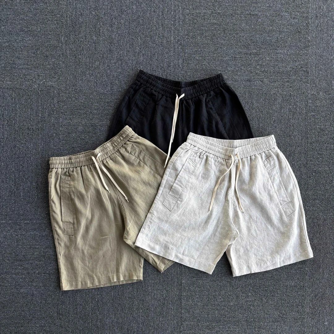 高级休闲感Flax shorts夏季纯亚麻复古抽绳短裤五分裤男女沙滩裤