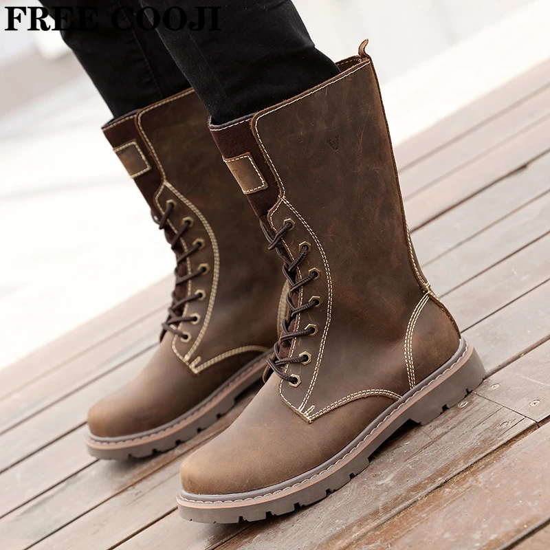 FREECOOJI女靴系带马靴牛皮靴内增高马丁靴潮情侣工装靴马丁靴女