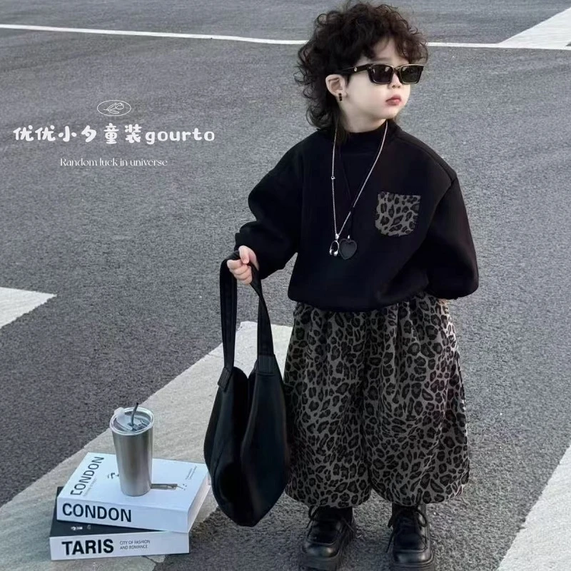 复古秋冬季加绒加厚男女款豹纹卫衣套装儿童灯笼裤两件套韩版时尚