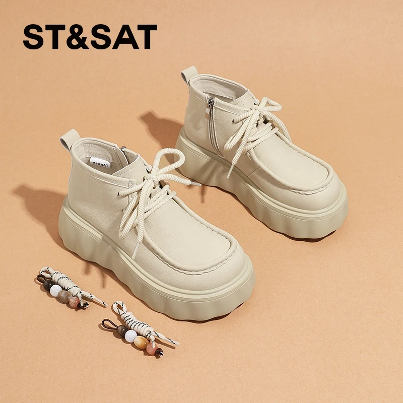 星期六2025秋冬新款舒适少女风高跟修面皮马丁靴时尚厚底女靴子