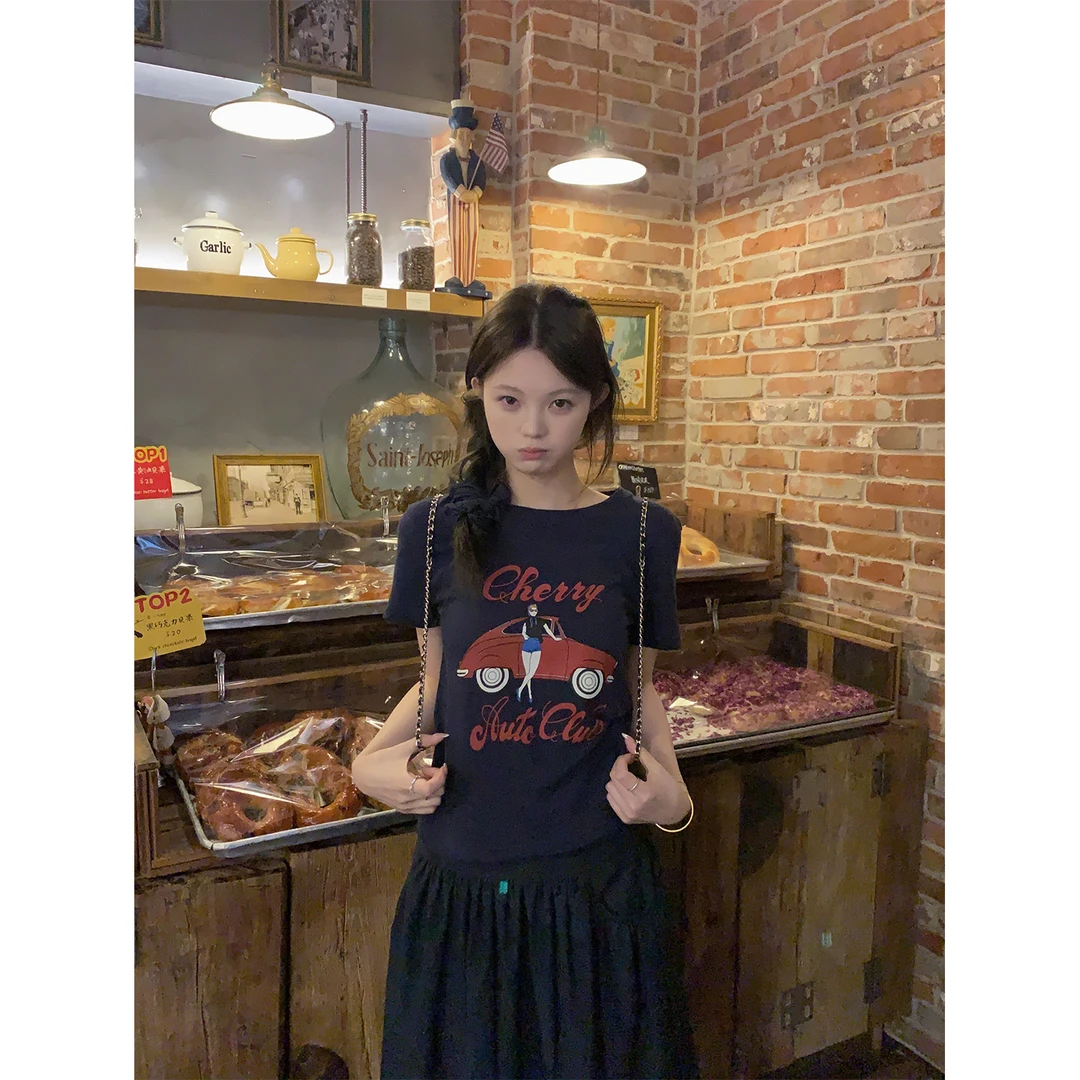 HEYGIRL/黑哥漫画汽车T 韩系ins感~夏季新款字母印花圆领短袖T恤