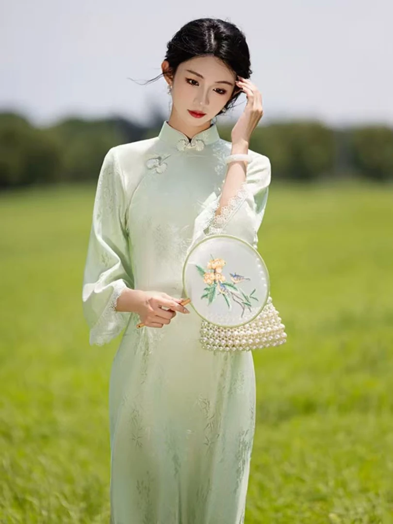 1358 绿色 花扣 【照影】 暗纹 倒大袖 旗袍