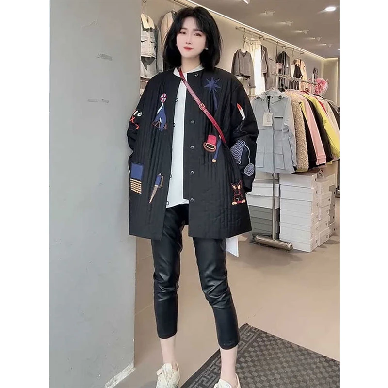 洋气百搭宽松中长款圆领外套欧洲站2025春季新款时尚黑色休闲上衣