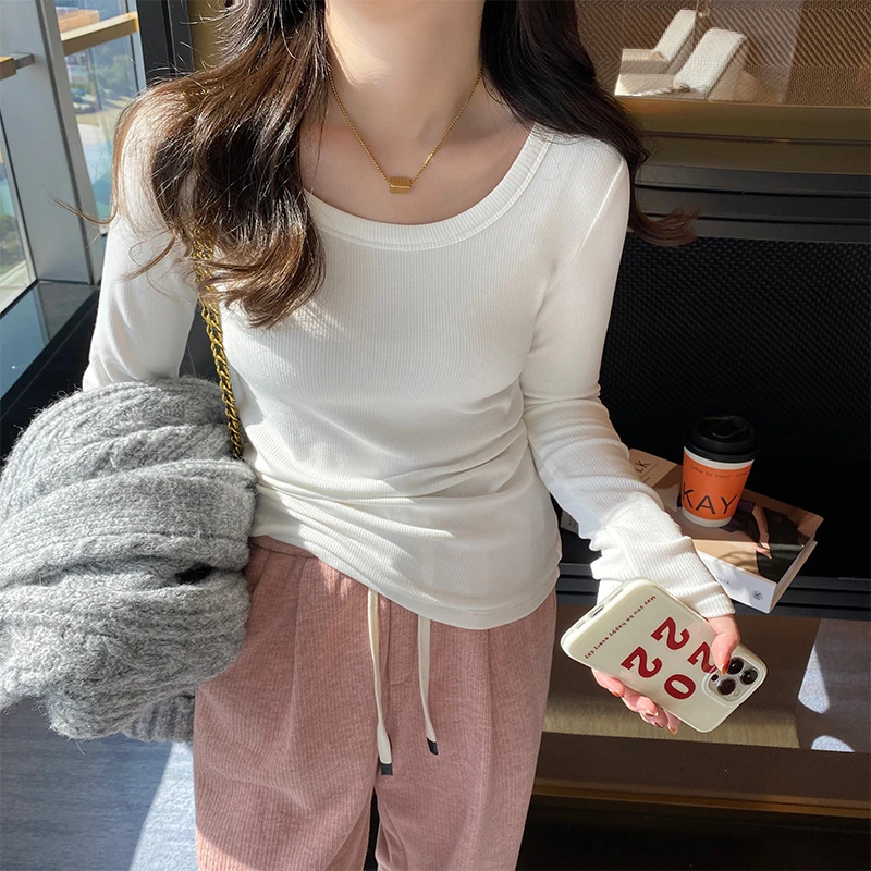 2025早秋白色打底衫女秋冬螺纹圆领内搭长袖t恤新款修身百搭上衣