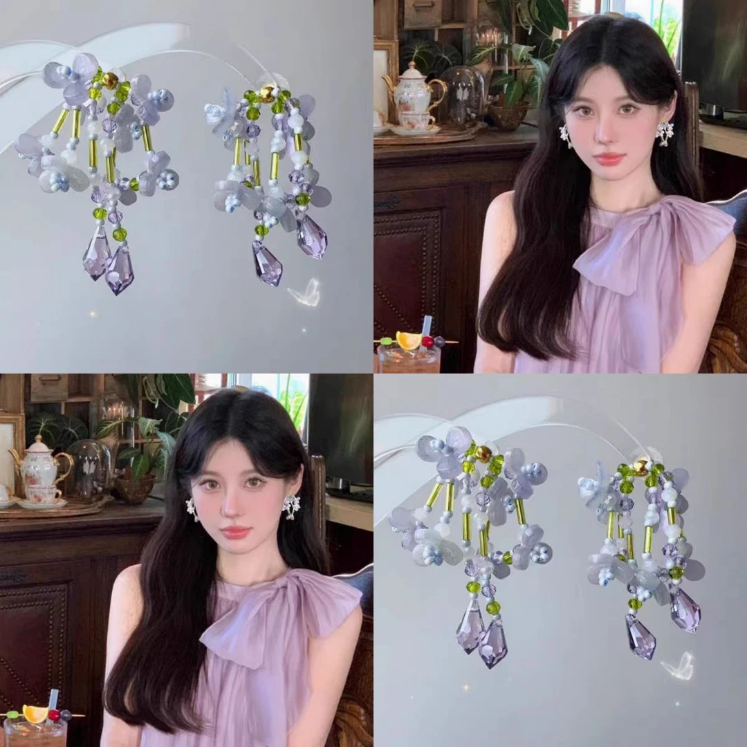 非金属树脂耳饰 彩色蝴蝶结花朵串珠耳钉活泼少女心水滴流苏耳饰