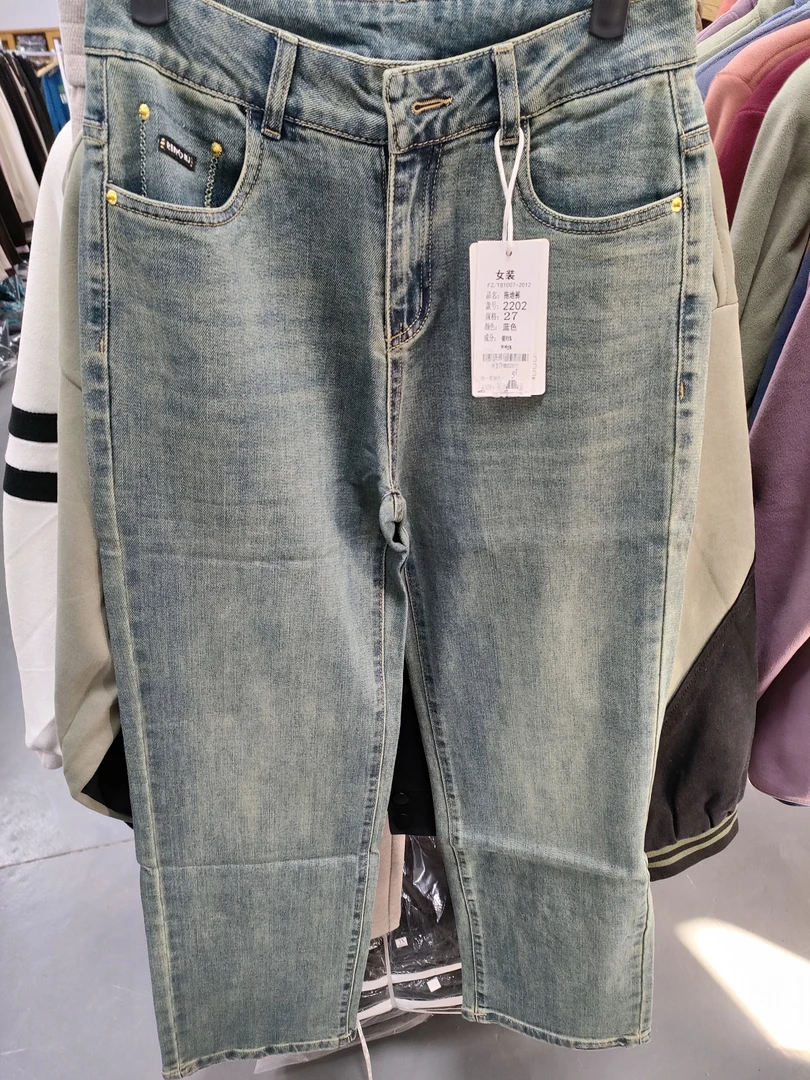 秋冬美式休闲拉链长裤复古牛仔裤金属装饰微弹力欧美简约