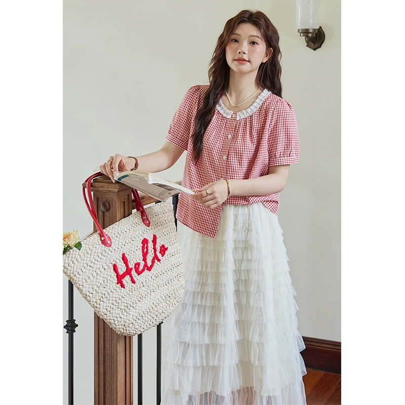 五季家大码【夏日格调】蓝色/红色上衣ZL106878搭配杏色半裙ZL32787