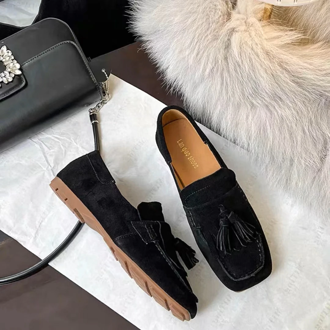 8801 平底单鞋女软底百搭流苏豆豆鞋懒人一脚蹬乐福鞋