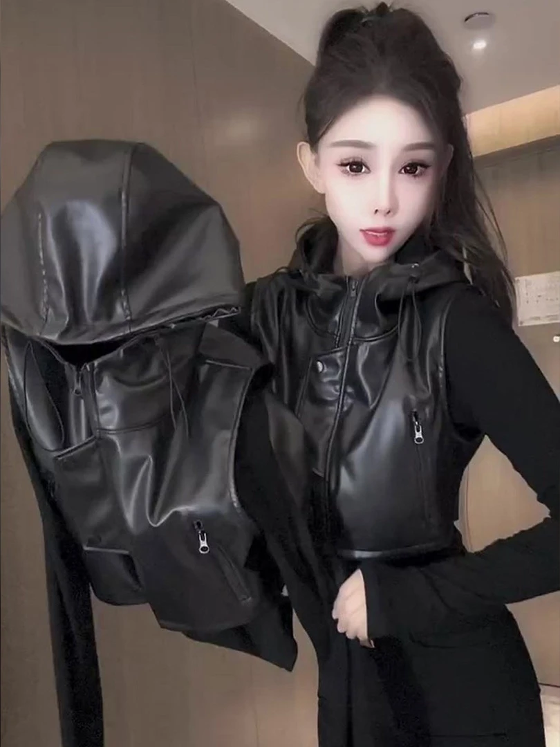 气质黑色连帽皮衣御姐风辣妹穿搭修身显瘦女百搭韩版早秋2025爆款