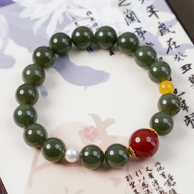 单圈和田玉珍珠蜜蜡红玛瑙手链-8742