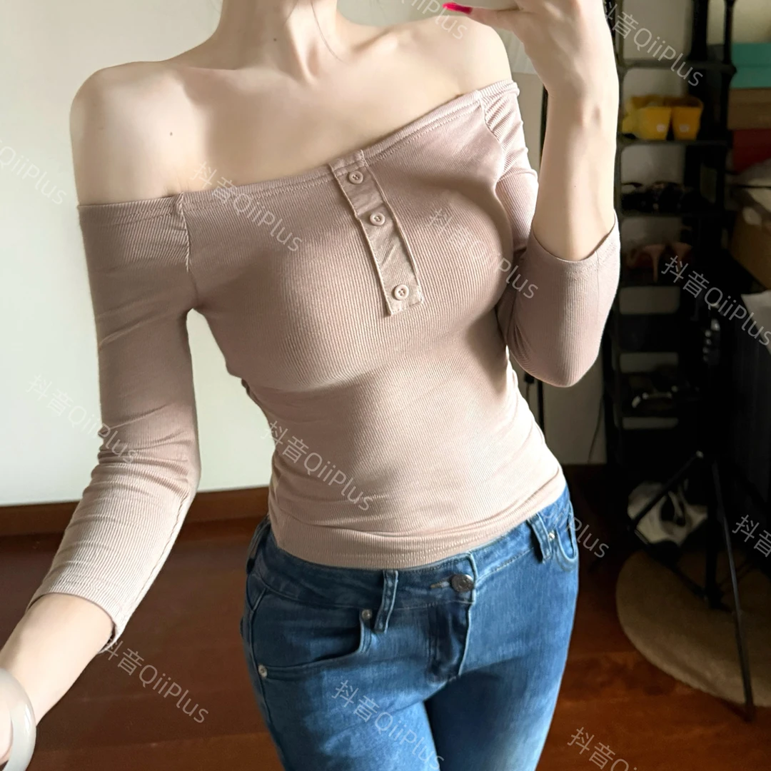 QiiPlus【早秋漫感满分】辣妹显白七分袖一字肩上衣带胸垫