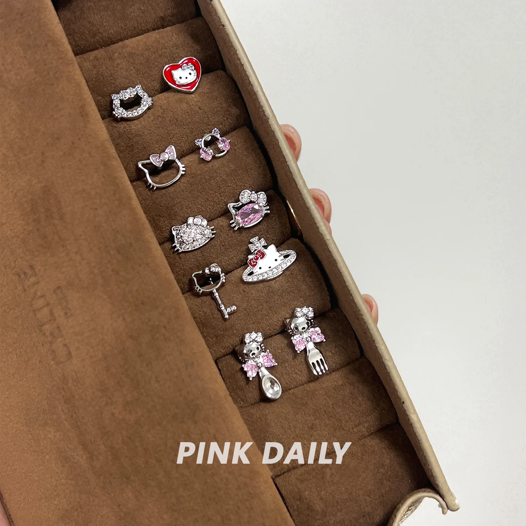 钛钢耳饰 Pink Daily满钻kitty凯蒂猫钛钢耳钉女可爱精致耳