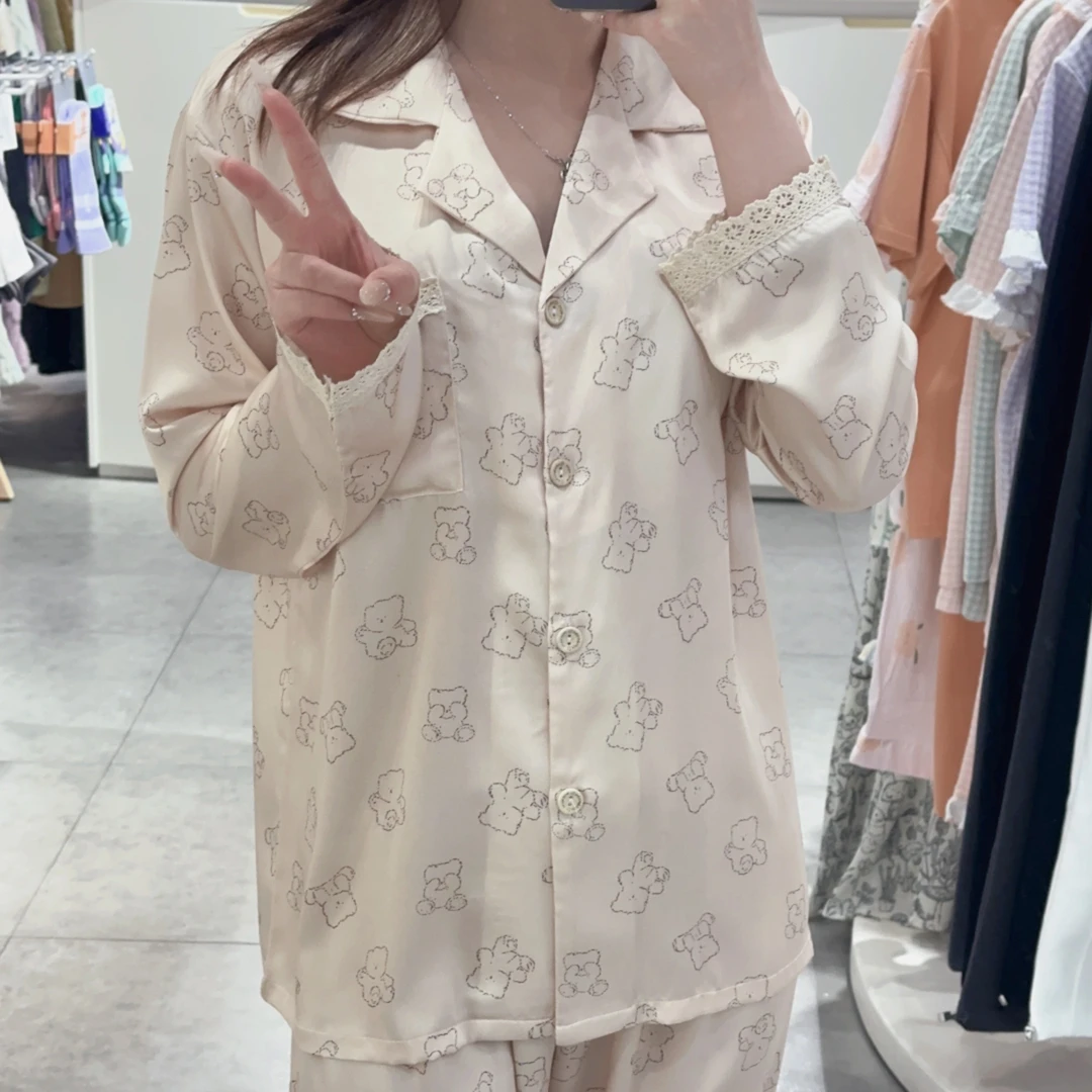 [香槟小熊]带杯垫牛奶丝口袋长袖长裤甜美女生家居服睡衣1757