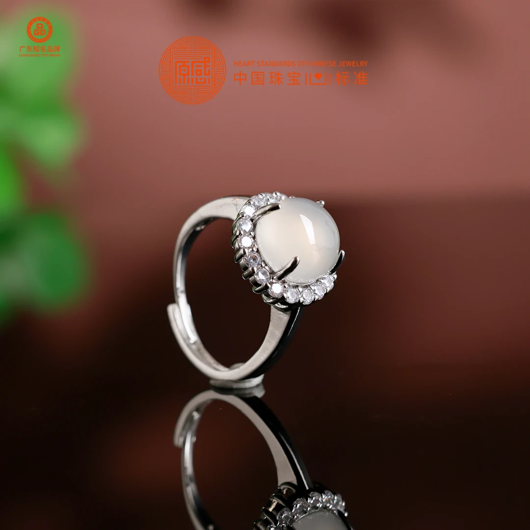 【原感】雪花飘舞*圆形蛋面玉髓戒指 高级时尚 百搭潮流
