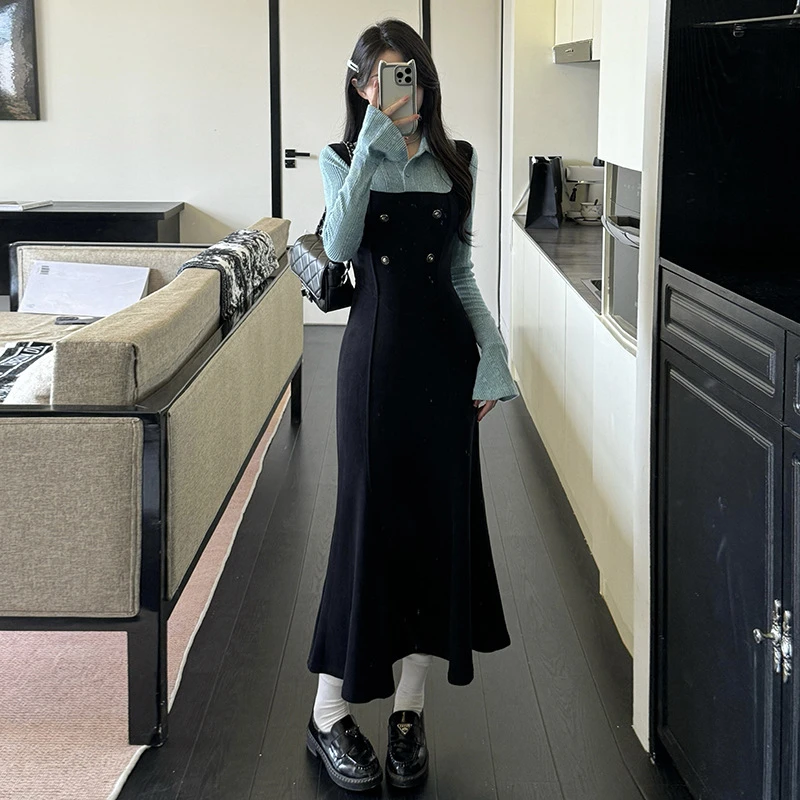 xfj11127韩系假两件连衣裙女2025秋季新款高级感拼接显瘦气质长裙