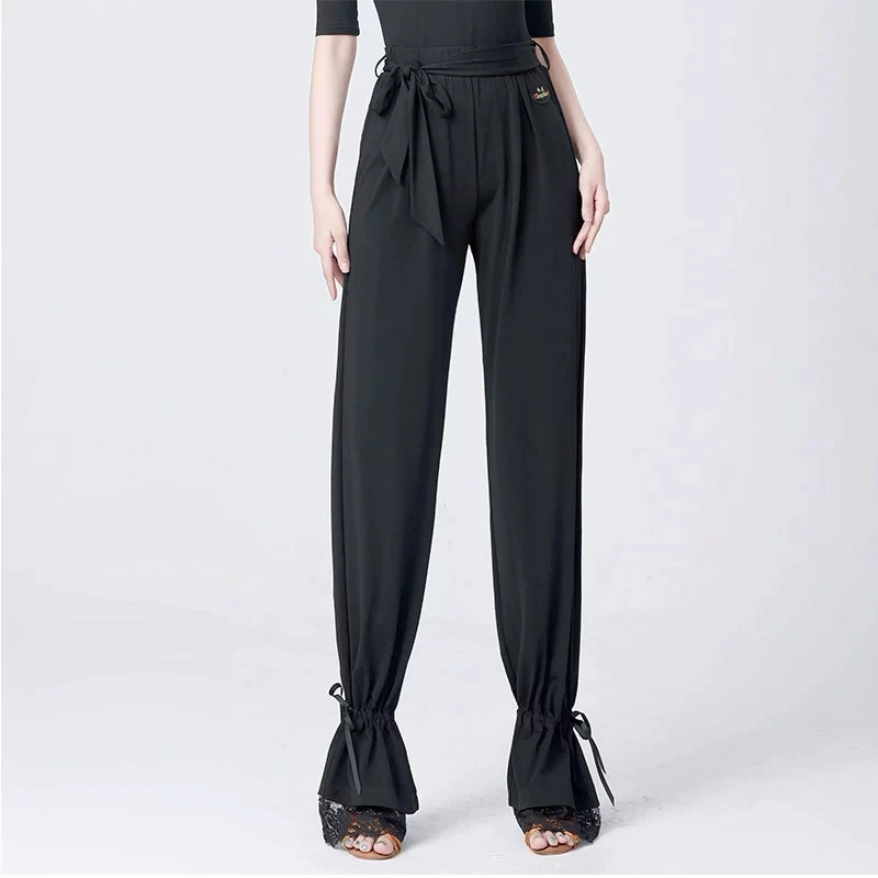 舞蹈裤束脚裤松紧腰拉丁舞长裤缩口花边长裤交谊舞女国标舞裤子