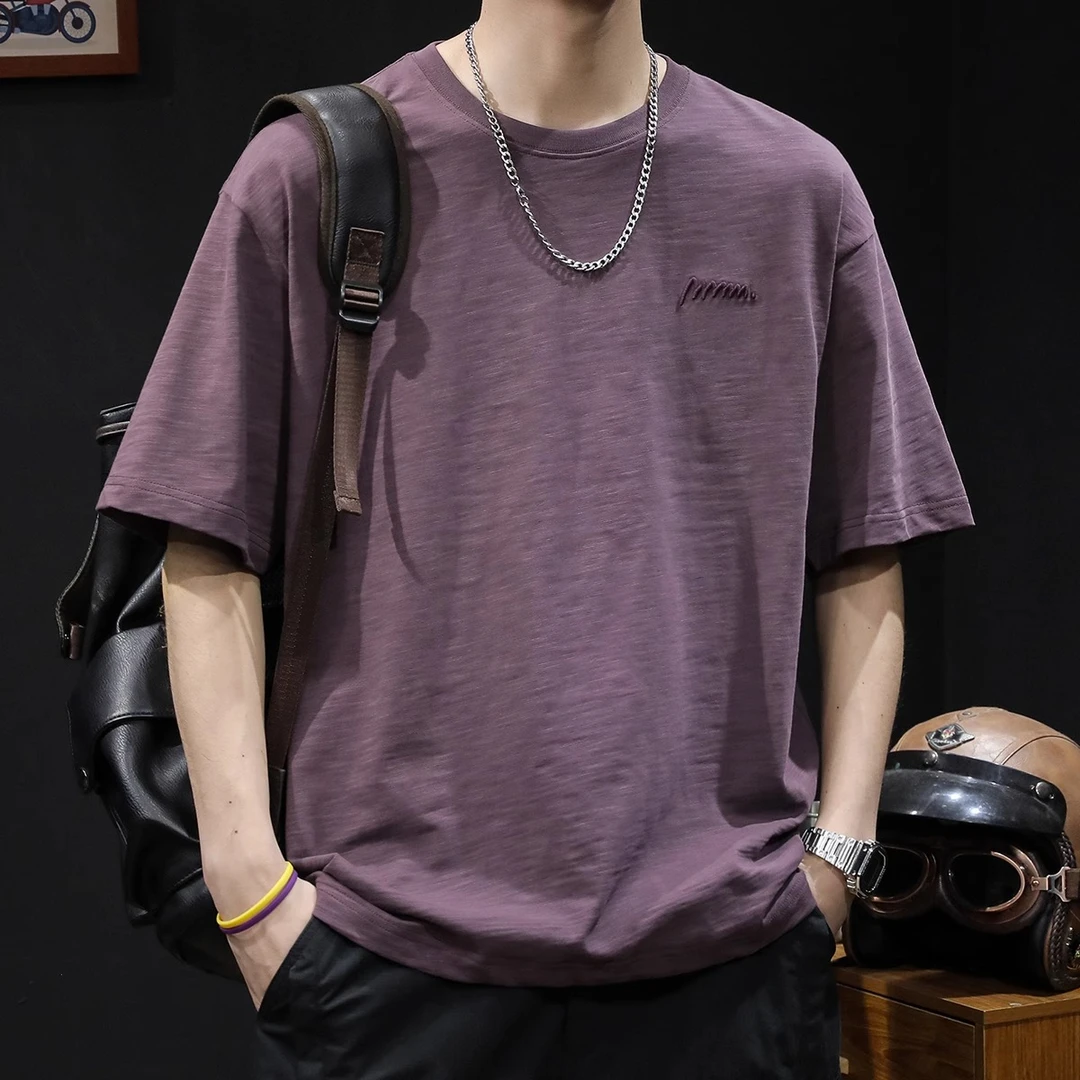 竹节纯棉短袖t恤男士夏季衣服2025新款半袖大码潮牌男装休闲体恤