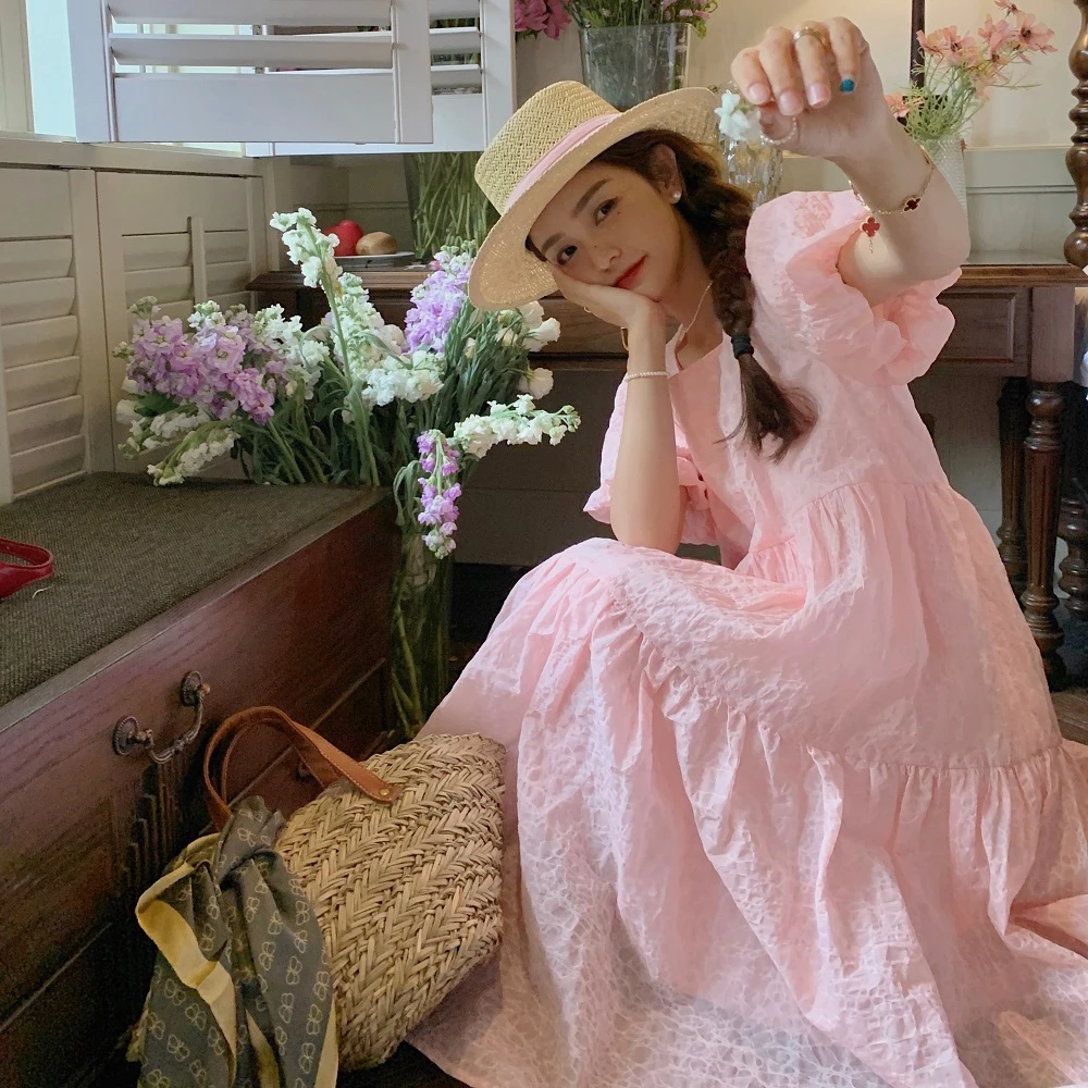 粉色泡泡袖连衣裙女夏季2025新款法式甜美小个子仙女公主裙a字裙