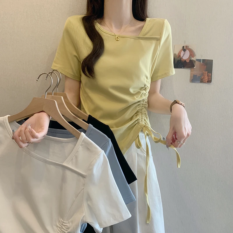 K大码女夏季显瘦抽绳设计感短袖T恤胖妹妹修身遮肚短款不规则上衣