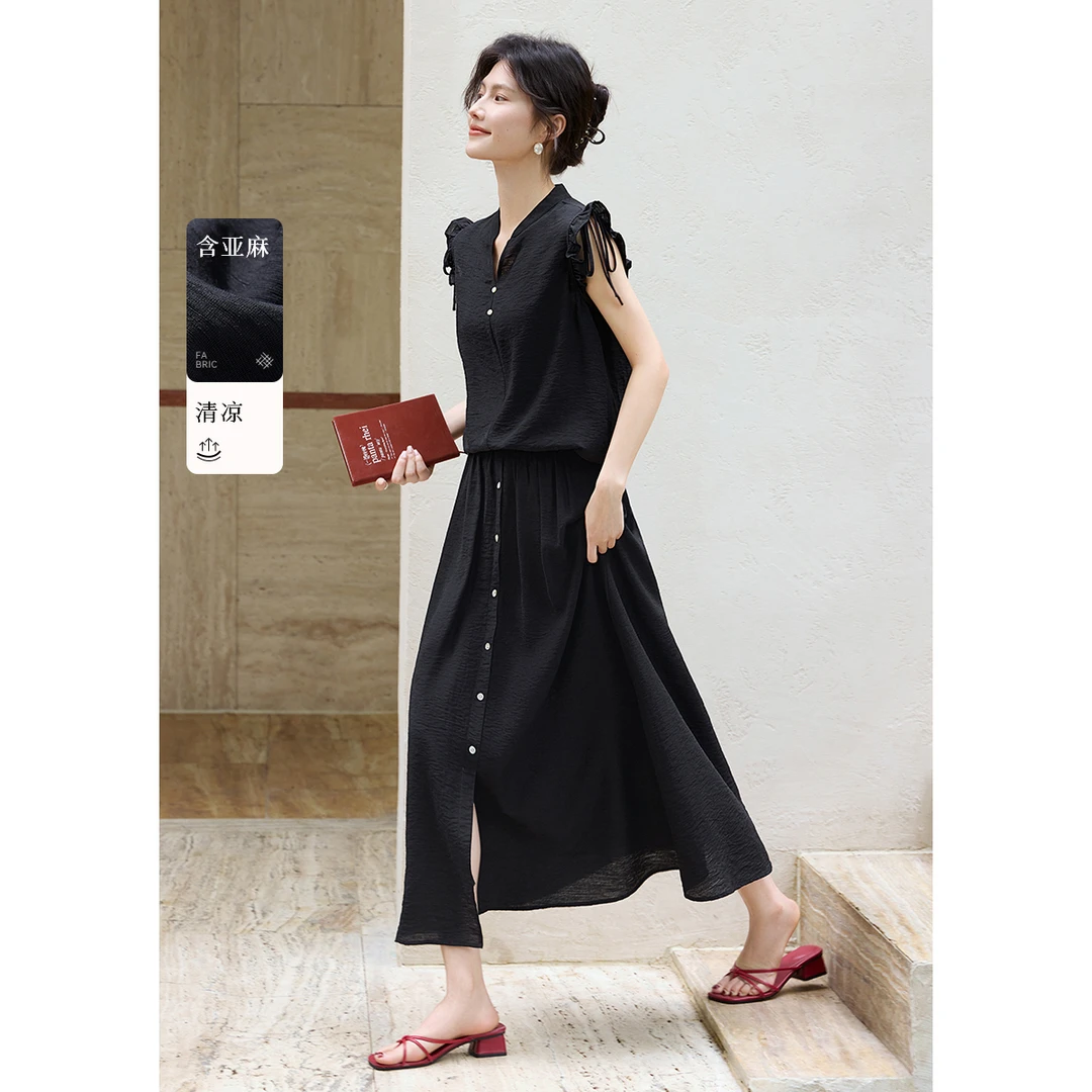 XWI/欣未2025夏季新款浪漫优雅系带设计感上衣半裙亚麻套装4B030