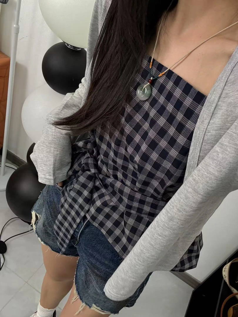 6586【蝶谷】2025早秋新款薄款防晒开衫女格子绑带吊带背心两件套女