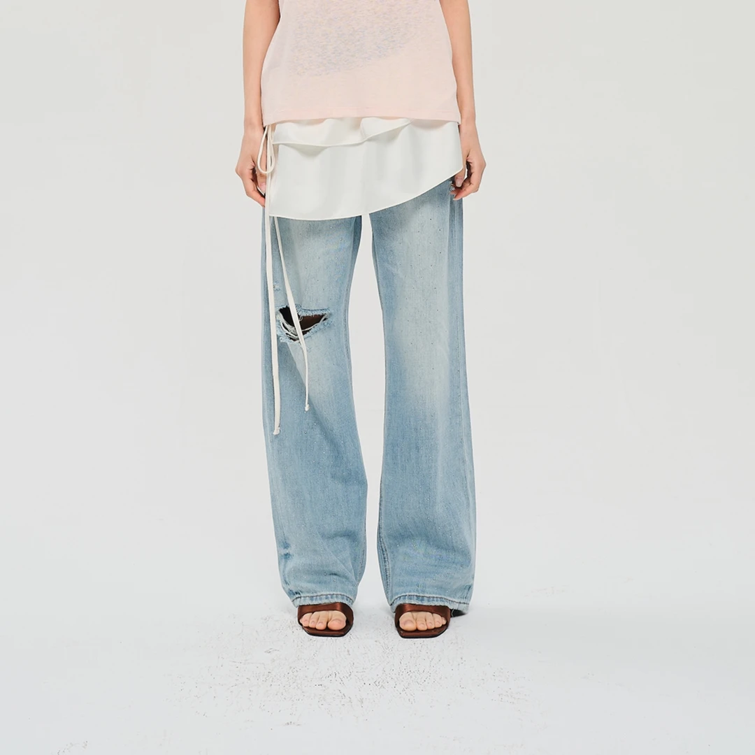 MIMBLANCHE 系带荷叶边破洞牛仔裤