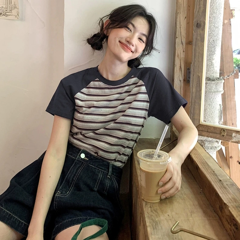 清 清 清」盐汽水T恤」巨柔软亲肤棉撞色圆领短袖上衣女D40181