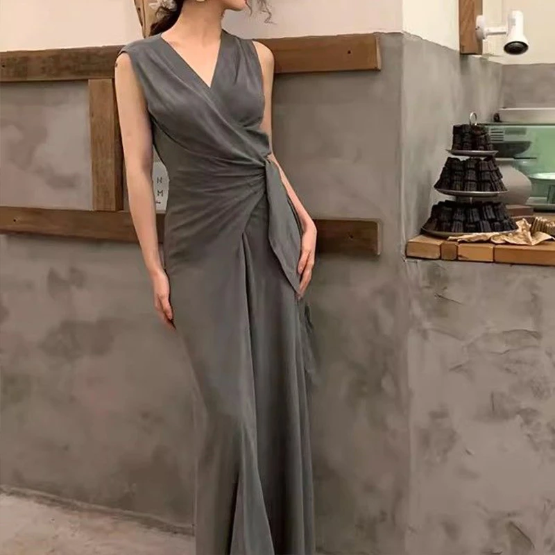 【清梦入怀】新中式国风交叠领围裹式时尚新款无袖轻柔垂感连衣裙