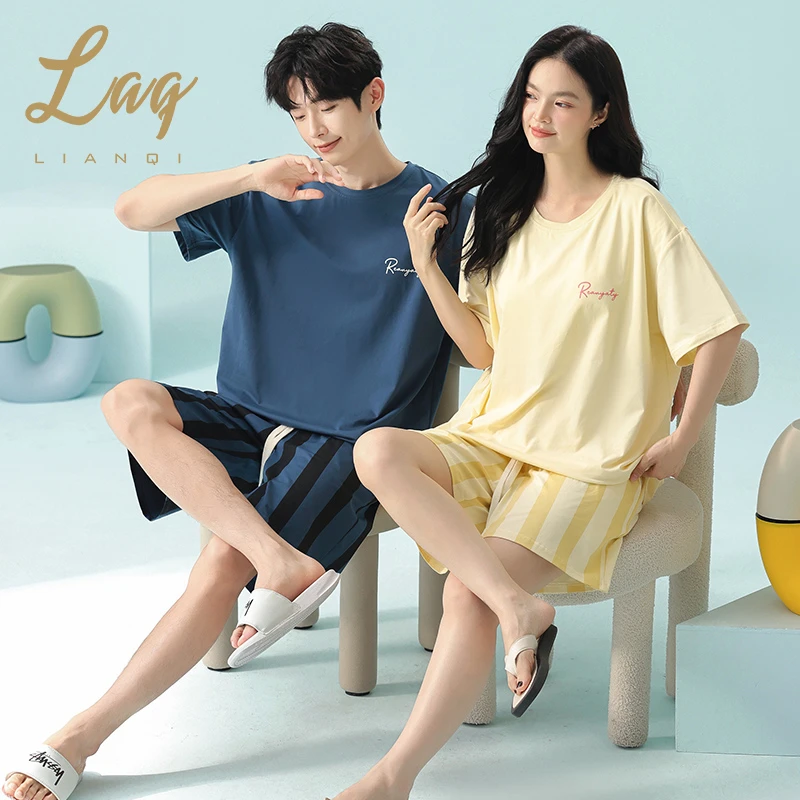睡衣情侣款莫代尔棉女圆领套头大码条纹短袖短裤套装男家居服5125