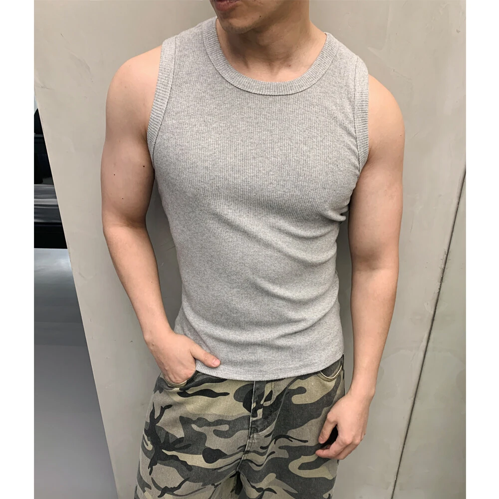 针织螺纹小领口背心男款夏季健身显肌肉跨栏运动坎肩无袖t恤汗衫