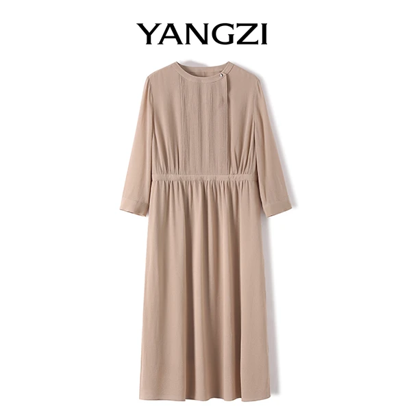 【漾姿】春夏法式文艺A字收腰气质款鬼绉桑蚕丝连衣裙 YZX253-25430