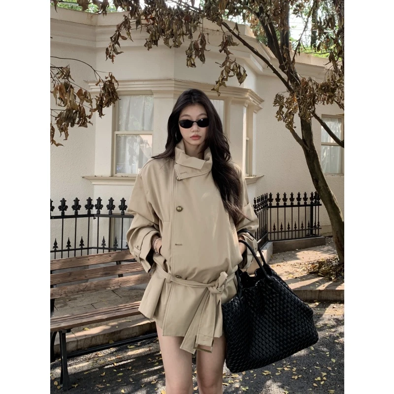 withmin凉皮 辣妹秋系带立领风衣短款韩版休闲外套2523737现货