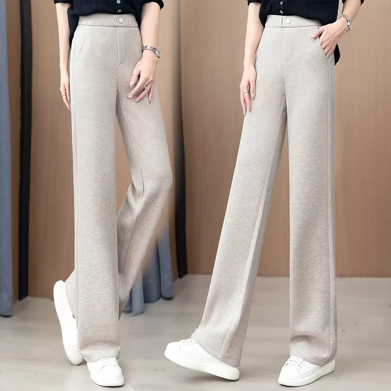 毛呢窄版阔腿裤女2025秋冬季新款高腰显瘦松紧加厚休闲直筒裤