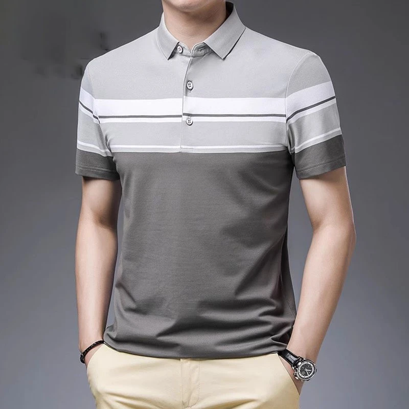 臣吾丝光棉短袖t恤男士中年夏季商务休闲条纹polo衫爸爸装