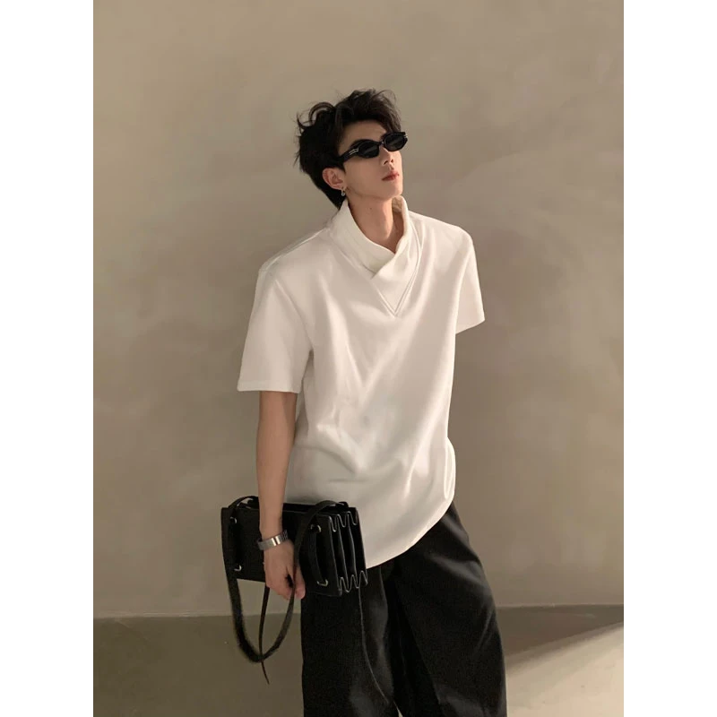 小众堆堆领设计感垫肩T恤男夏季不规则交叉立领短袖美式五分半袖