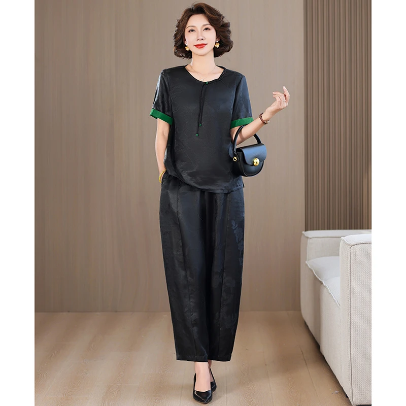 新中式国风套装2025夏季新款年轻妈妈复古提花圆领上衣裤子两件套